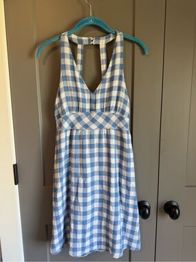 Flying Tomato Pastel Blue White Gingham Check Sundress Button Halter Size S